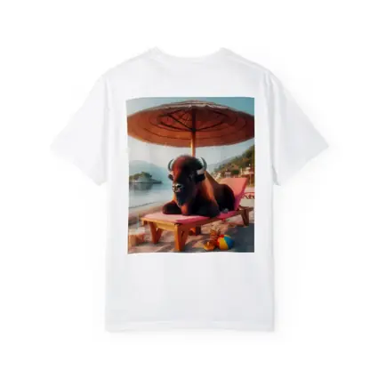 Bison Relaxing On Sunny Beach Lounger