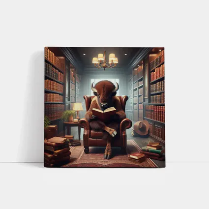 Bison Reading Book in Cozy Library
