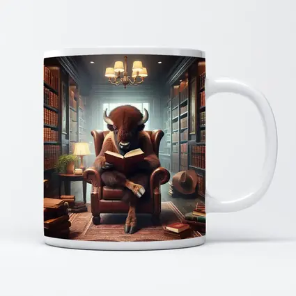 Bison Reading Book in Cozy Library