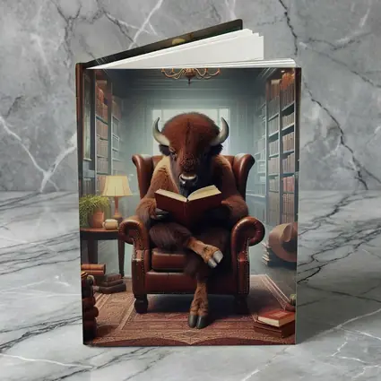 Bison Reading Book in Cozy Library