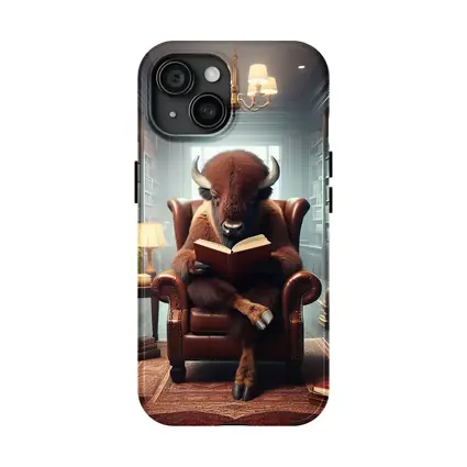 Bison Reading Book in Cozy Library
