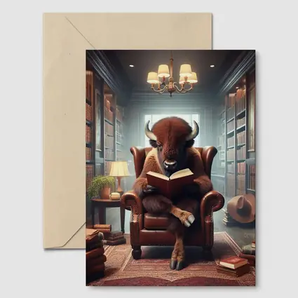 Bison Reading Book in Cozy Library