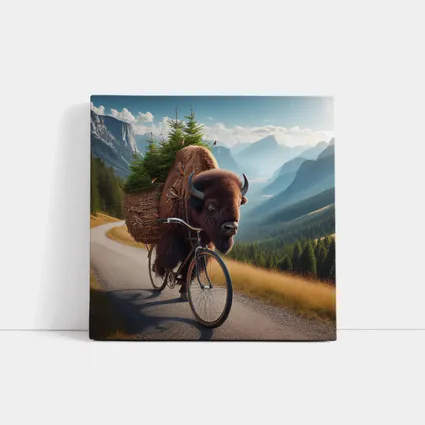 Bison Riding Bicycle Through Mountain Road