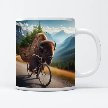 Bison Riding Bicycle Through Mountain Road