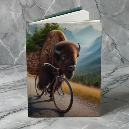 Bison Riding Bicycle Through Mountain Road