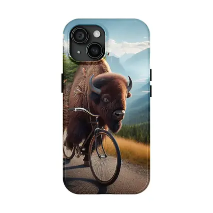 Bison Riding Bicycle Through Mountain Road