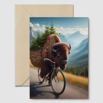 Bison Riding Bicycle Through Mountain Road