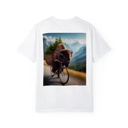 Bison Riding Bicycle Through Mountain Road