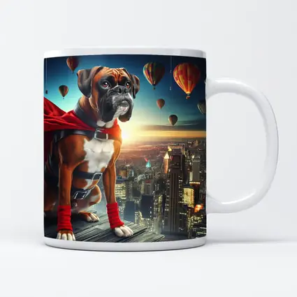 Boxer Dog Superhero Over City Skyline