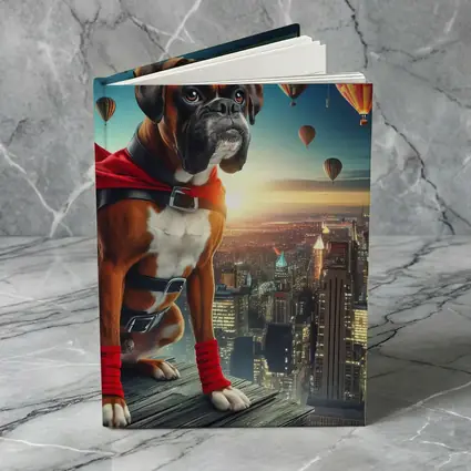 Boxer Dog Superhero Over City Skyline