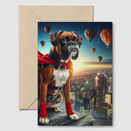 Boxer Dog Superhero Over City Skyline