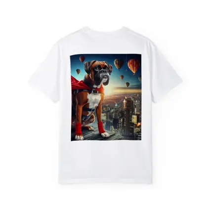 Boxer Dog Superhero Over City Skyline