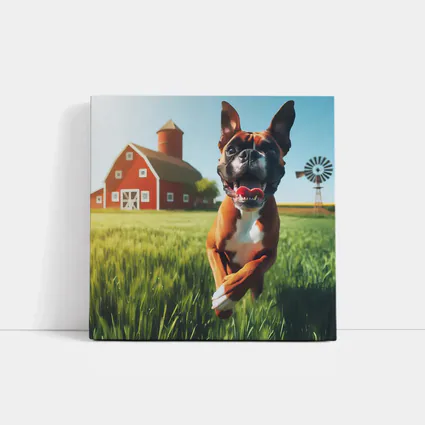 Happy Boxer Dog Running On Farm Field