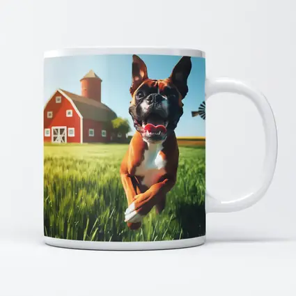 Happy Boxer Dog Running On Farm Field