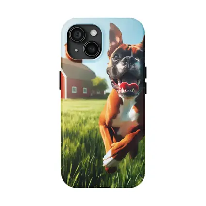 Happy Boxer Dog Running On Farm Field