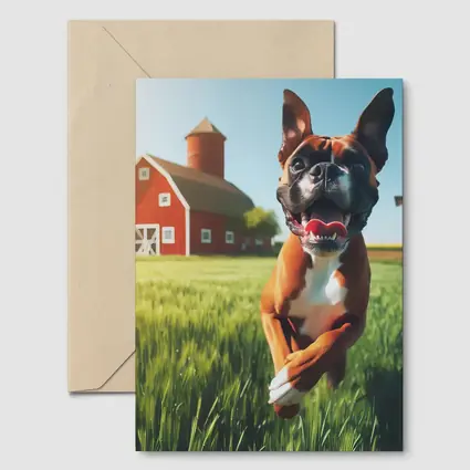 Happy Boxer Dog Running On Farm Field
