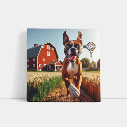 Boxer Dog Running Through Farm Wheat Field
