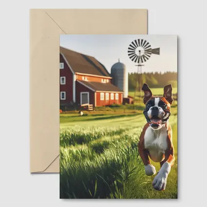 Boxer Dog Running on Green Farm Field
