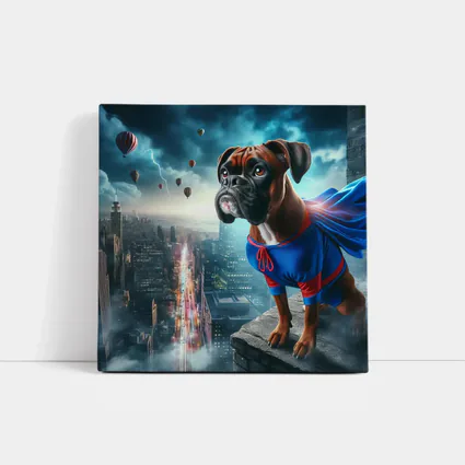 Boxer Dog Superhero Cape City Skyline