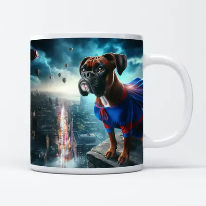 Boxer Dog Superhero Cape City Skyline