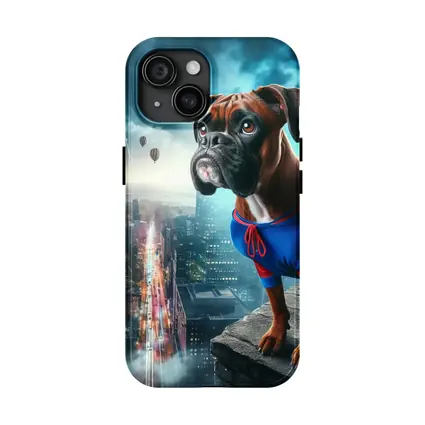 Boxer Dog Superhero Cape City Skyline