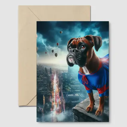 Boxer Dog Superhero Cape City Skyline