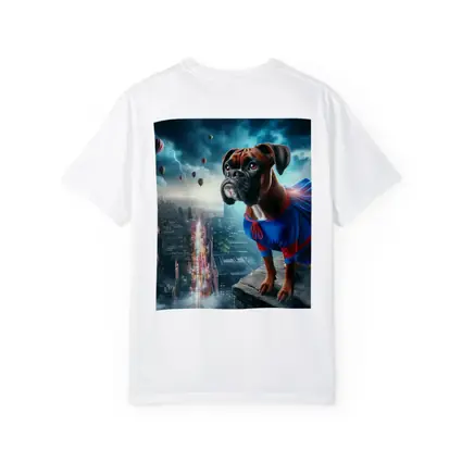 Boxer Dog Superhero Cape City Skyline