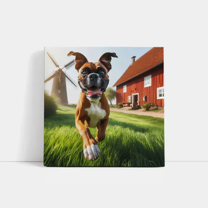 Boxer Dog Running On Green Farm Grass