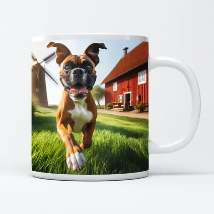 Boxer Dog Running On Green Farm Grass