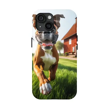Boxer Dog Running On Green Farm Grass
