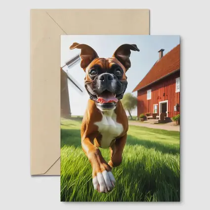 Boxer Dog Running On Green Farm Grass