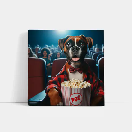 Boxer Dog at Cinema With Popcorn