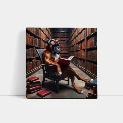 Boxer Dog Reading Book in Library