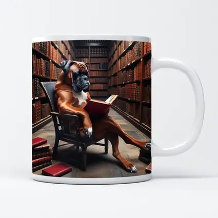 Boxer Dog Reading Book in Library