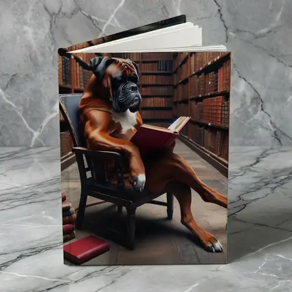 Boxer Dog Reading Book in Library