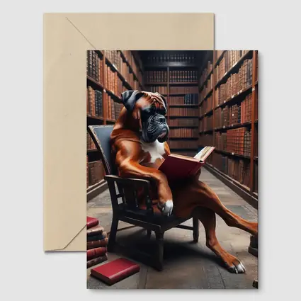 Boxer Dog Reading Book in Library