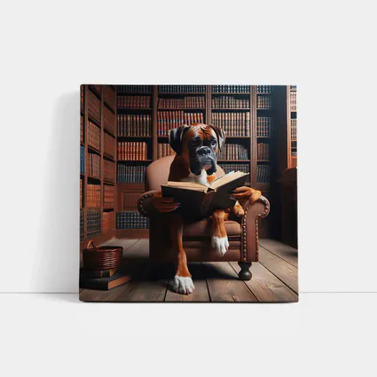 Boxer Dog Reading Book In Library