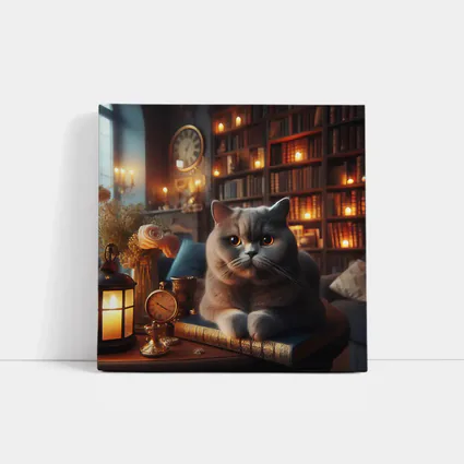 British Shorthair Cat Cozy Library Candlelight