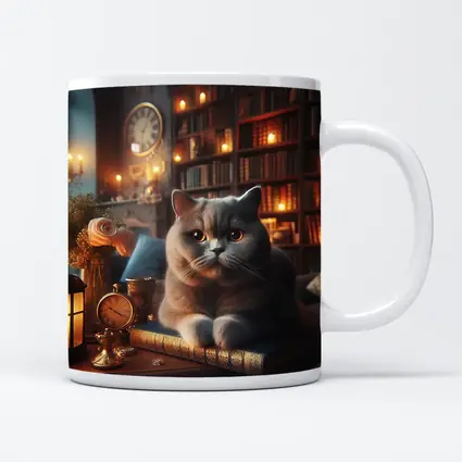 British Shorthair Cat Cozy Library Candlelight