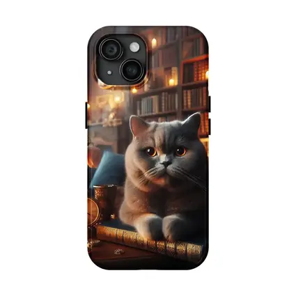 British Shorthair Cat Cozy Library Candlelight