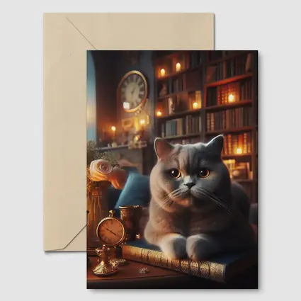 British Shorthair Cat Cozy Library Candlelight