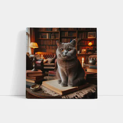 British Shorthair Cat Cozy Library Reading Room