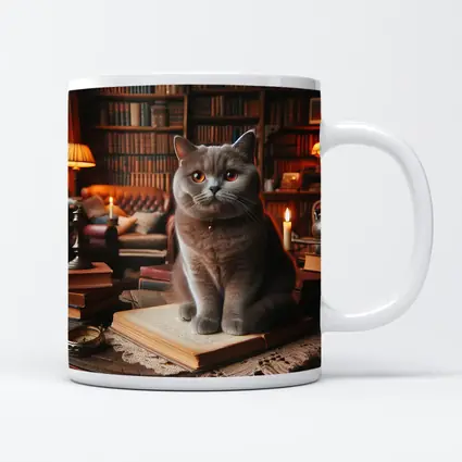 British Shorthair Cat Cozy Library Reading Room