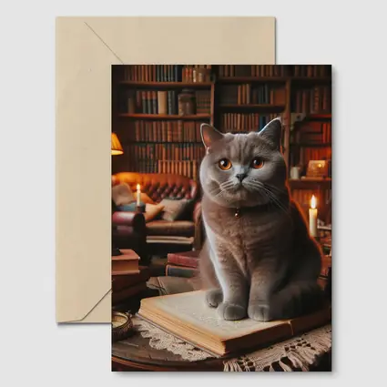 British Shorthair Cat Cozy Library Reading Room