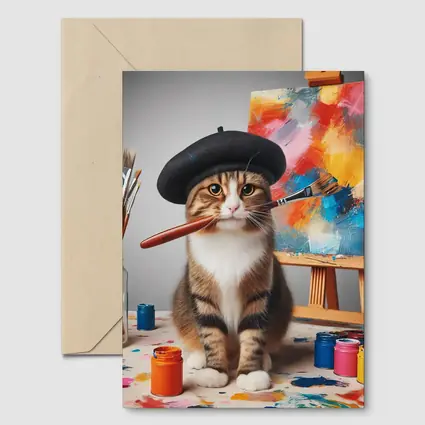 Artist Cat Beret Painting Studio Scene