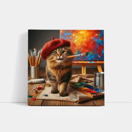 Tabby Cat Artist Red Beret Painting Studio