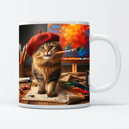 Tabby Cat Artist Red Beret Painting Studio