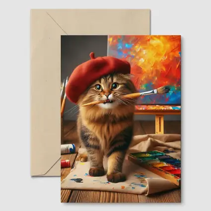 Tabby Cat Artist Red Beret Painting Studio