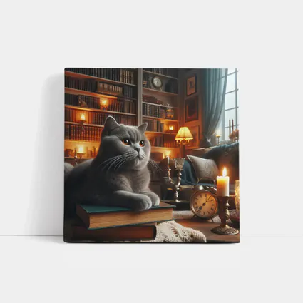 Gray British Shorthair Cat Library Candlelight