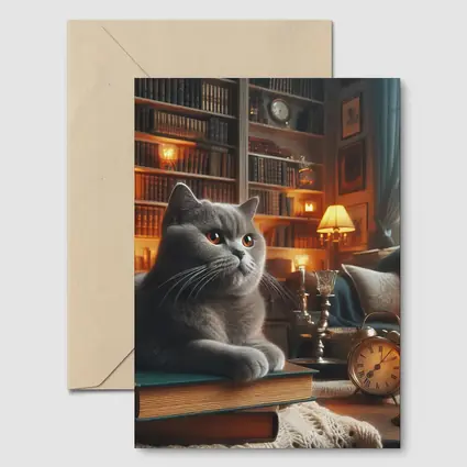 Gray British Shorthair Cat Library Candlelight